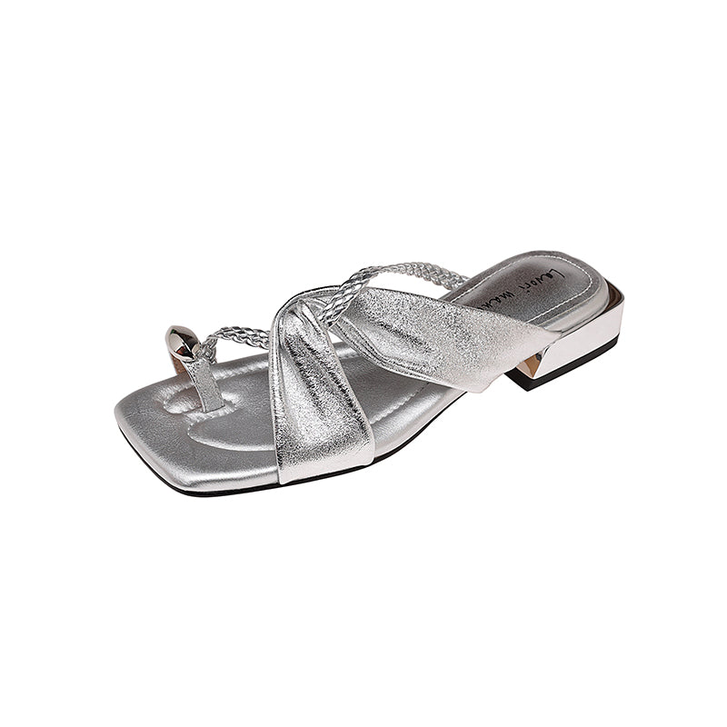 Karin Luna  Square Toe Braided Cross Thick Heel Flat Slippers