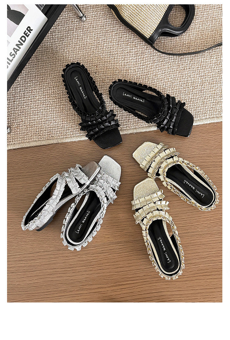 Karin Luna In Stock   Spot Goods  Niche Design Square-Toed Pleated Flat Slippers