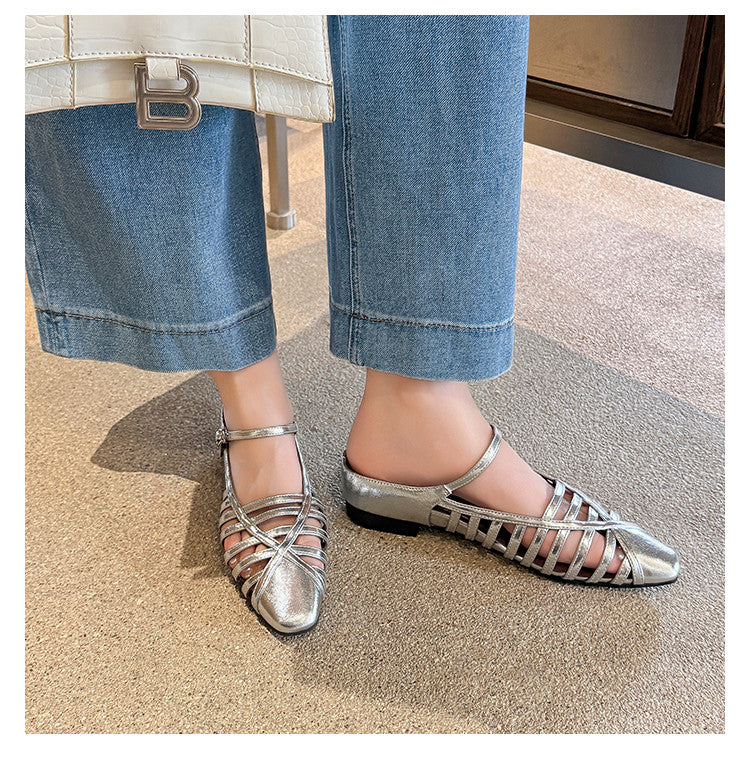 Karin Luna In Stock Spot Goods   French Retro Hollow Small Square Toe One-Strap Slippers