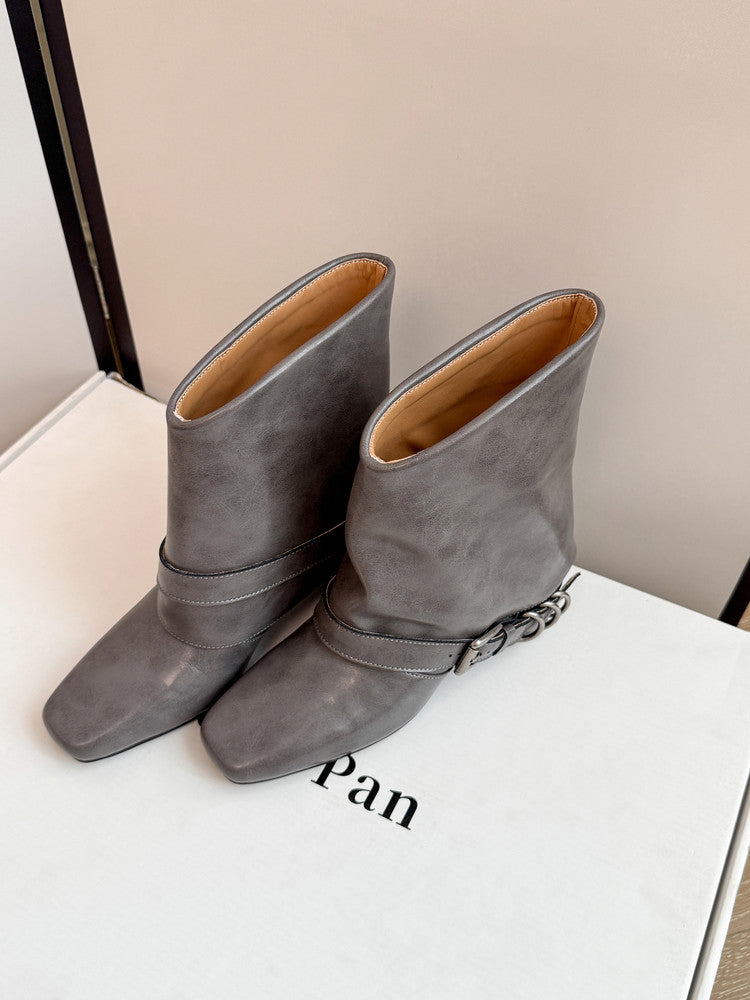 Karin Luna Data Hot Item Square Toe Hidden Wedge Belt Buckle Suede Ankle Boots