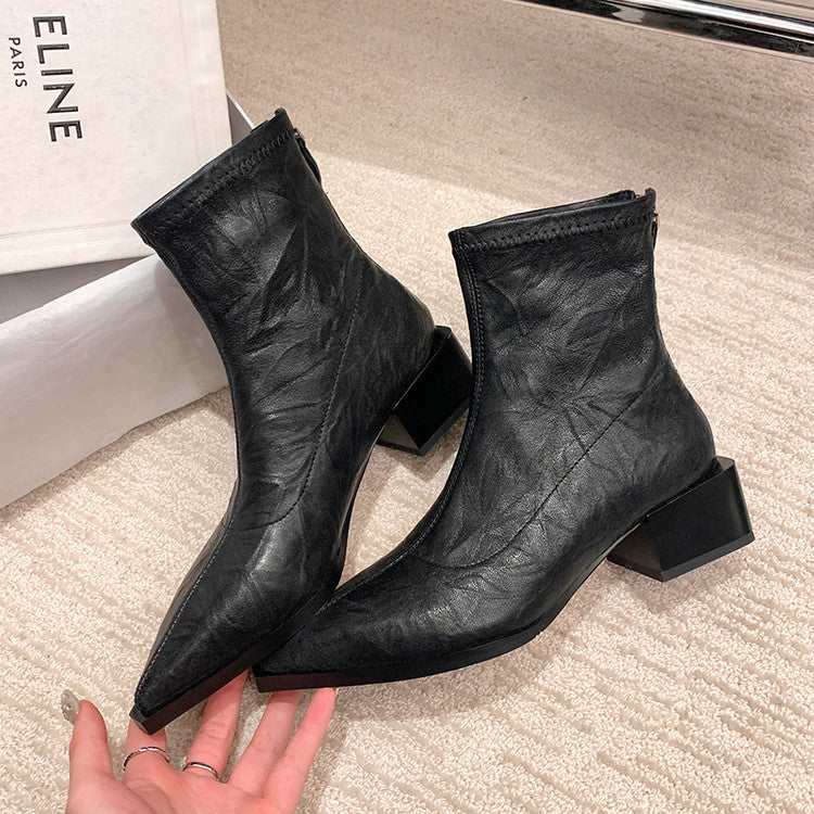 Karin Luna Elegant Style Pointed Toe Chunky Heel Short Boots
