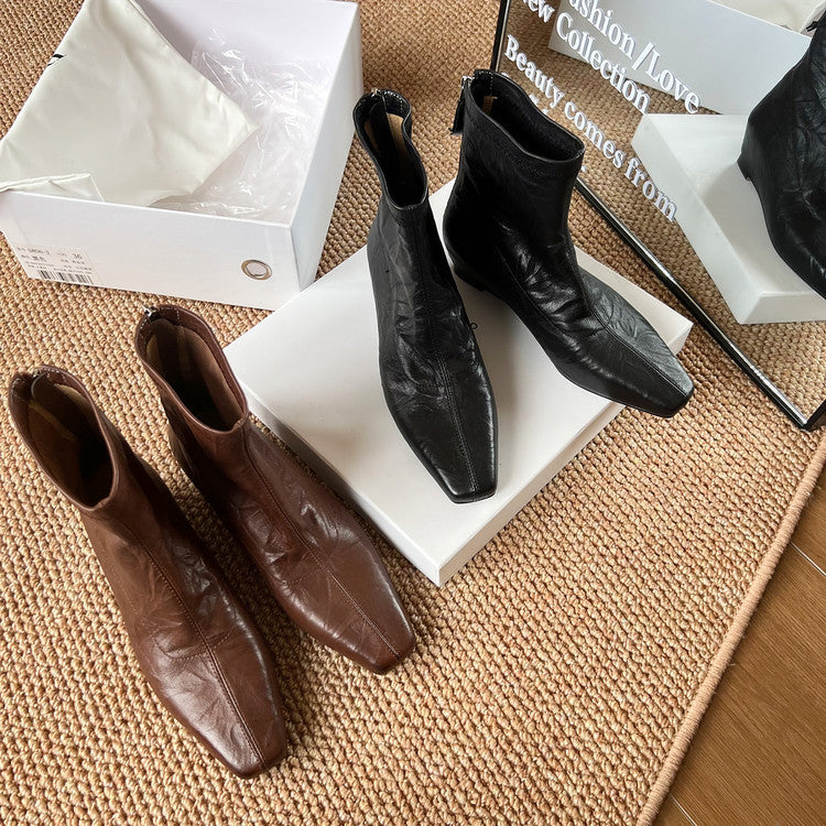 Karin Luna In Stock Spot Goods Slim Series  Hidden Wedge Small Square Toe Back Zipper Short Boots