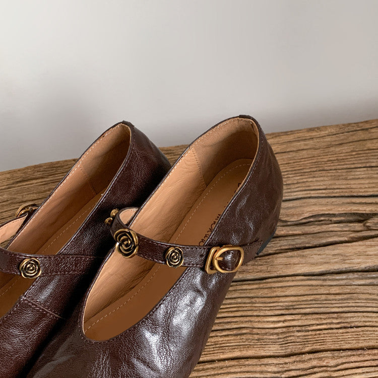 Karin Luna In Stock Spot Goods    Retro Classic Metal Camellia Irregular Heel Single Shoes
