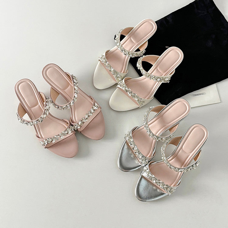 Karin Luna Exquisite Round Toe One-Strap Rhinestone Thin Heel Slippers