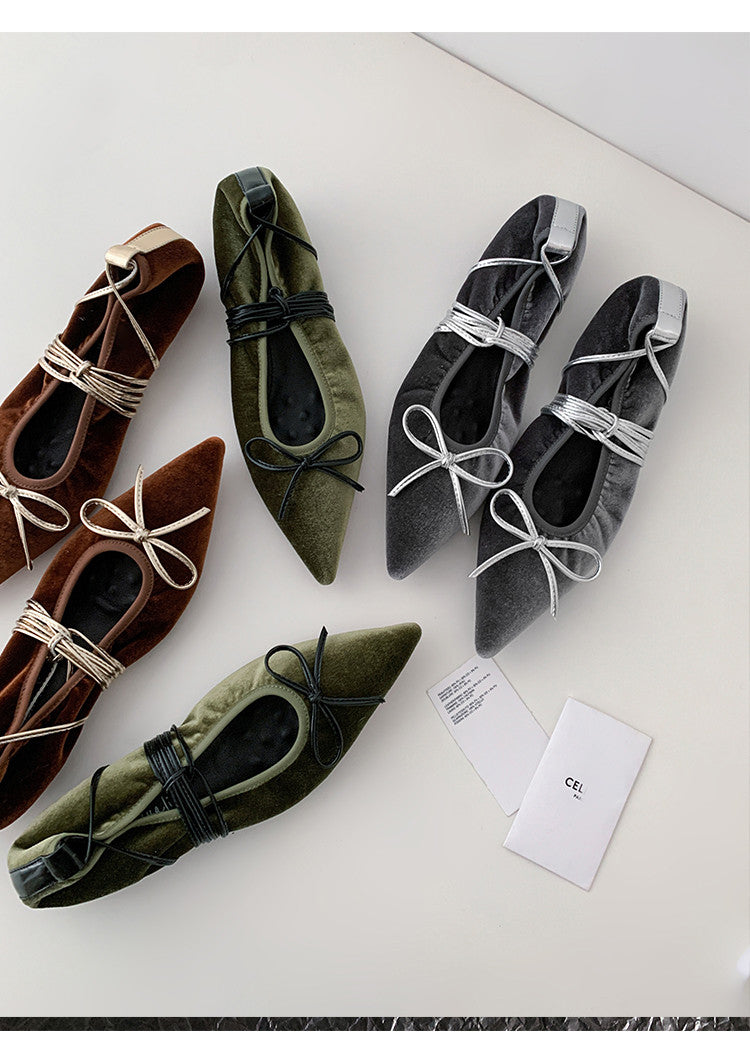 Karin Luna In Stock In Stock Retro Velvet Pointed Toe Bowknot Single Shoes