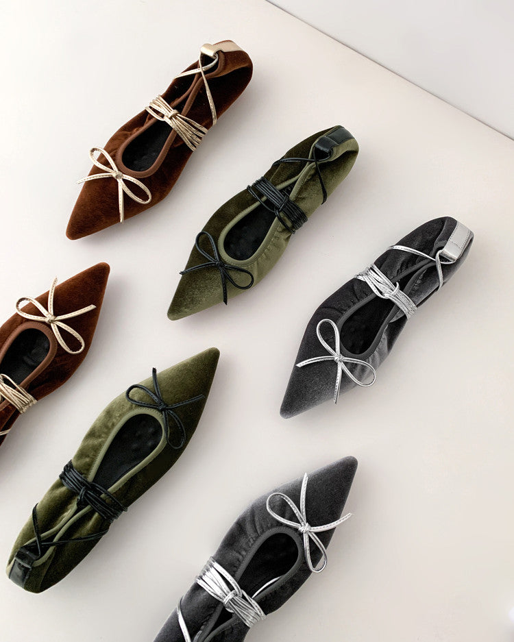 Karin Luna In Stock In Stock Retro Velvet Pointed Toe Bowknot Single Shoes