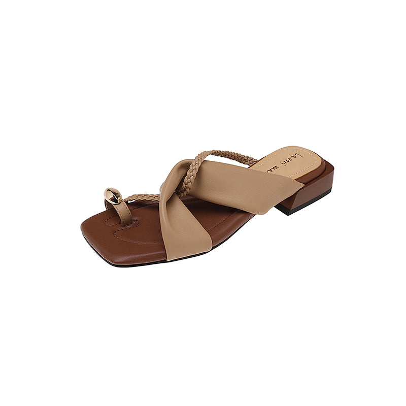 Karin Luna  Square Toe Braided Cross Thick Heel Flat Slippers