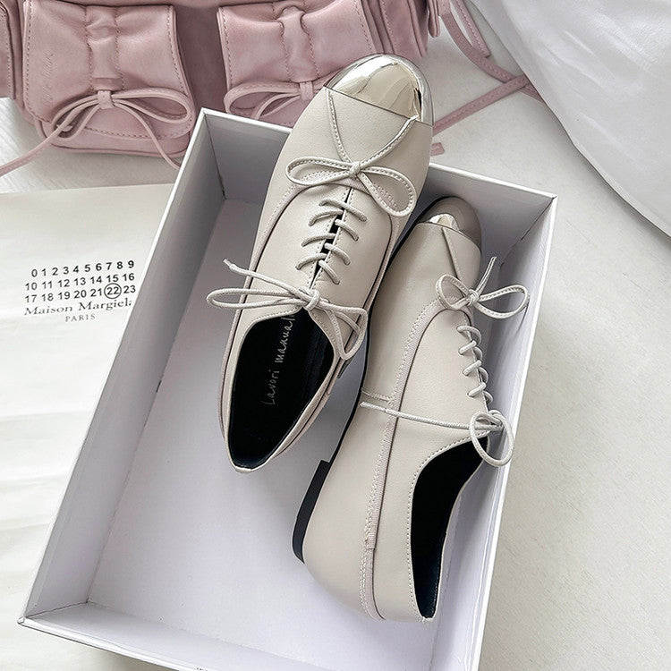 Karin Luna In Stock Spot Goods  Casual Lace-Up Metal Toe Bow Deep Mouth Single Shoes