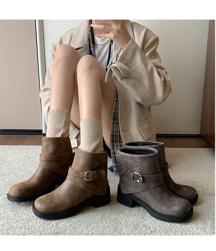 Karin Luna In Stock Spot Goods Versatile Basic Round Toe Belt Buckle Thick Sole Tube Boots