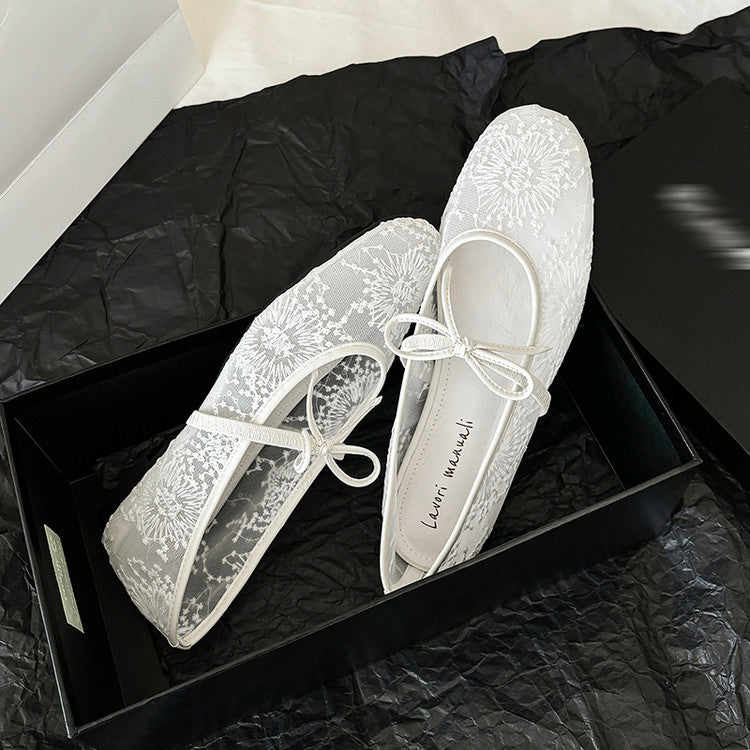 Karin Luna In Stock Spot Goods  Summer Breathable Retro Embroidered Bow Granny Shoes