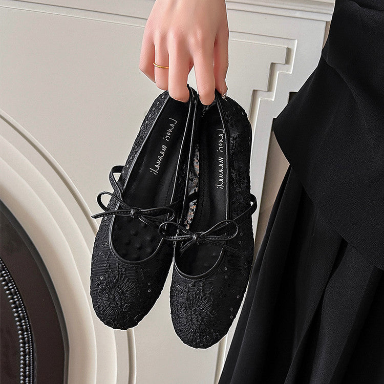Karin Luna In Stock Spot Goods  Summer Breathable Retro Embroidered Bow Granny Shoes