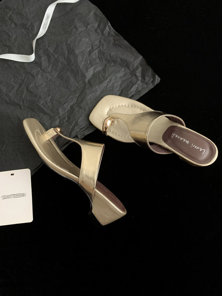 Karin Luna In Stock Spot Goods Clip-toe Square Toe Metal Buckle Minimalist Slippers