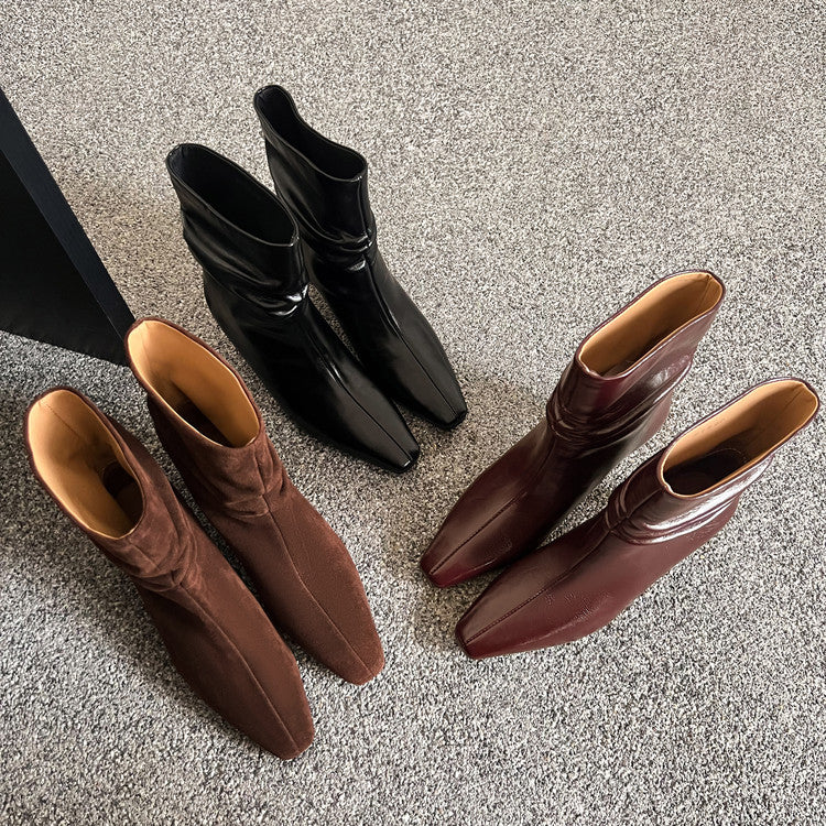Karin Luna In Stock Spot Goods  Retro Wrinkled Small Square Toe Short Boots