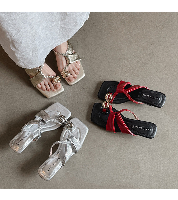 Karin Luna Braided Style ~Cross Strap Square Toe Irregular Heel Slippers