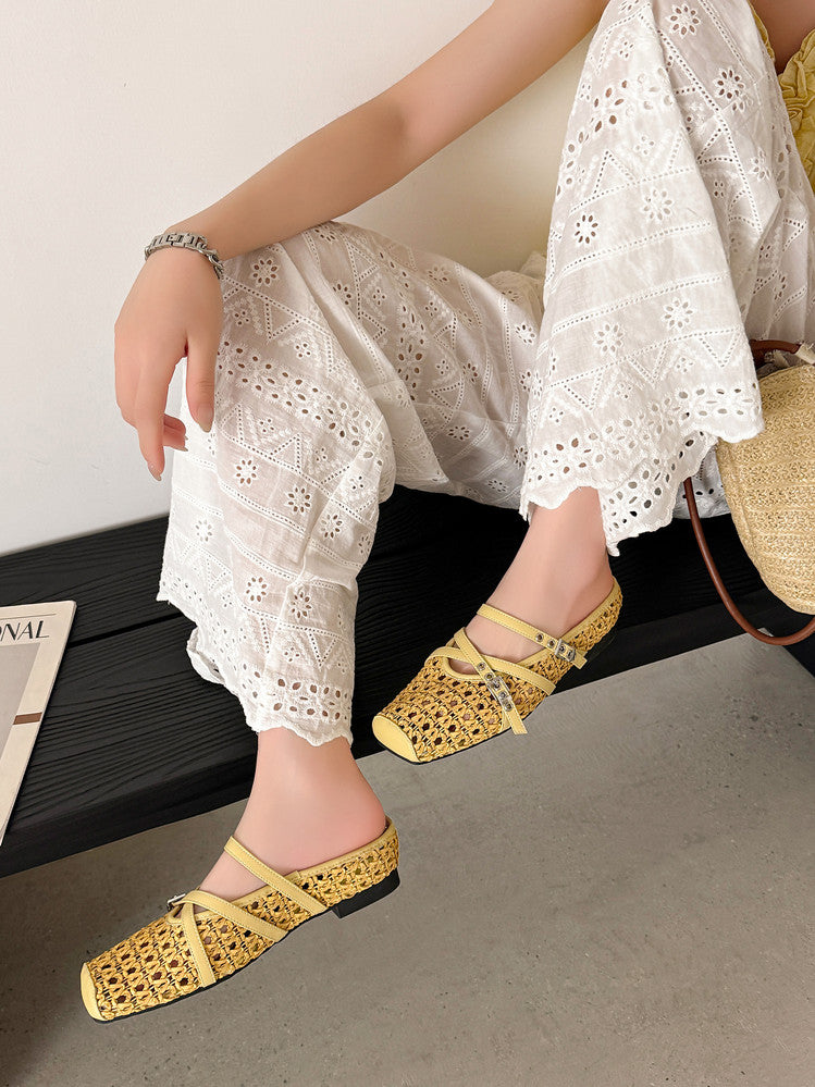 Karin Luna In Stock Spot Goods  Hot-Selling Square-Toe Woven Pig Nose Closed-Toe Slippers