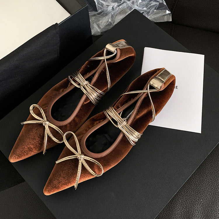 Karin Luna In Stock In Stock Retro Velvet Pointed Toe Bowknot Single Shoes
