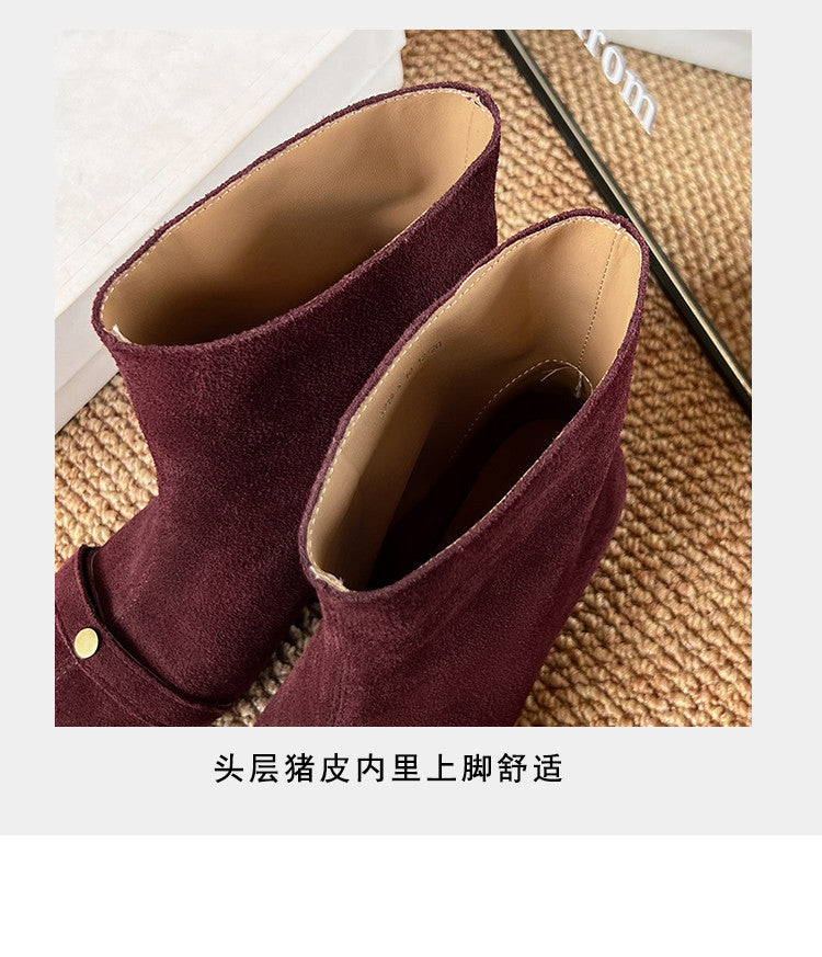 Karin Luna Elegant Style Small Square Toe Belt Buckle Thin Heel Short Boots