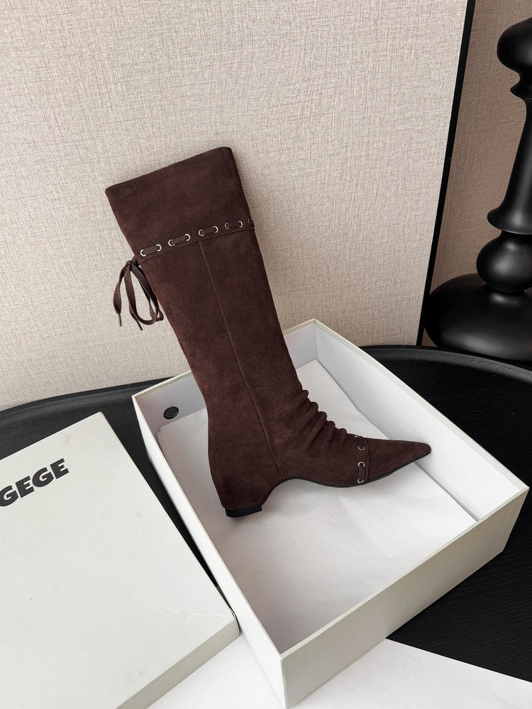 Karin Luna Elegant Style  Pointed Toe Pleated Hidden Wedge Western Boots