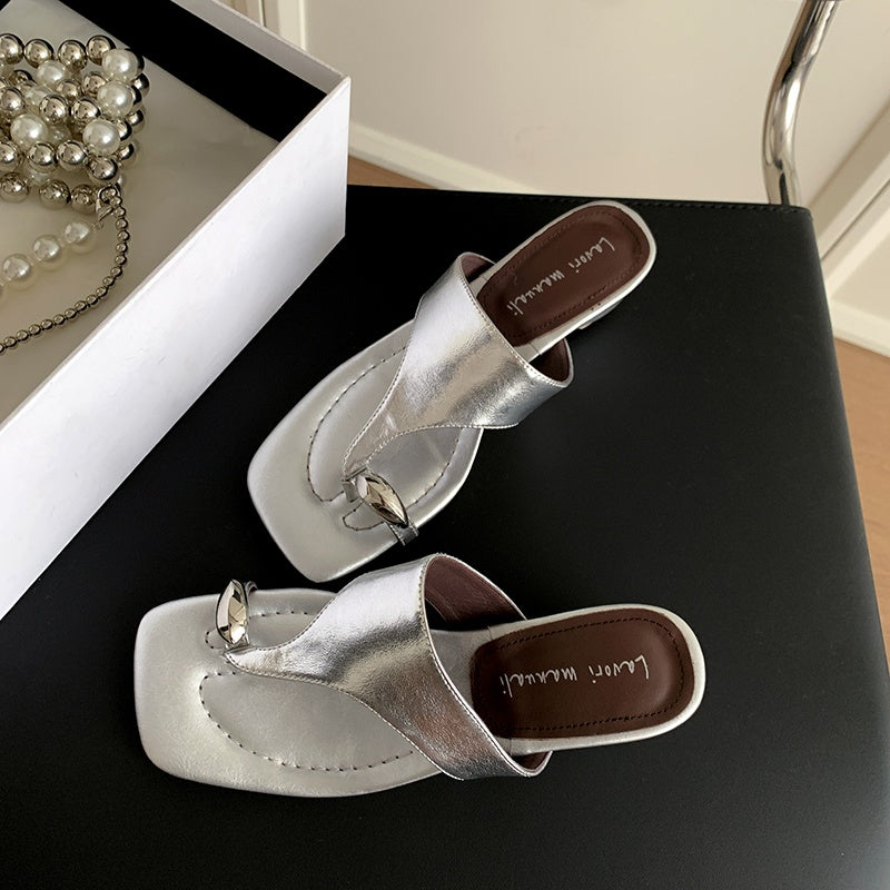 Karin Luna In Stock Spot Goods Clip-toe Square Toe Metal Buckle Minimalist Slippers