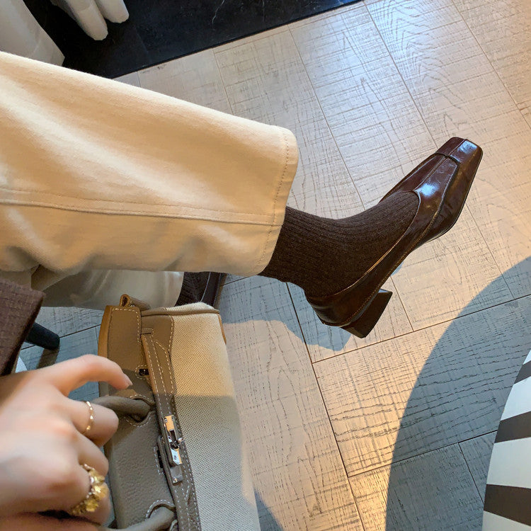 Karin Luna In Stock Spot Goods  Retro Full Leather Square Toe Shallow Mouth Single Shoes