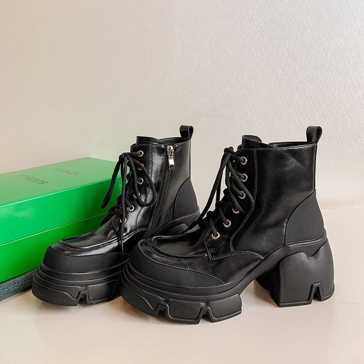 Karin Luna Casual Thick Sole Full Cowhide Lace-up Thick-soled Short Boots   Classic All-Matching