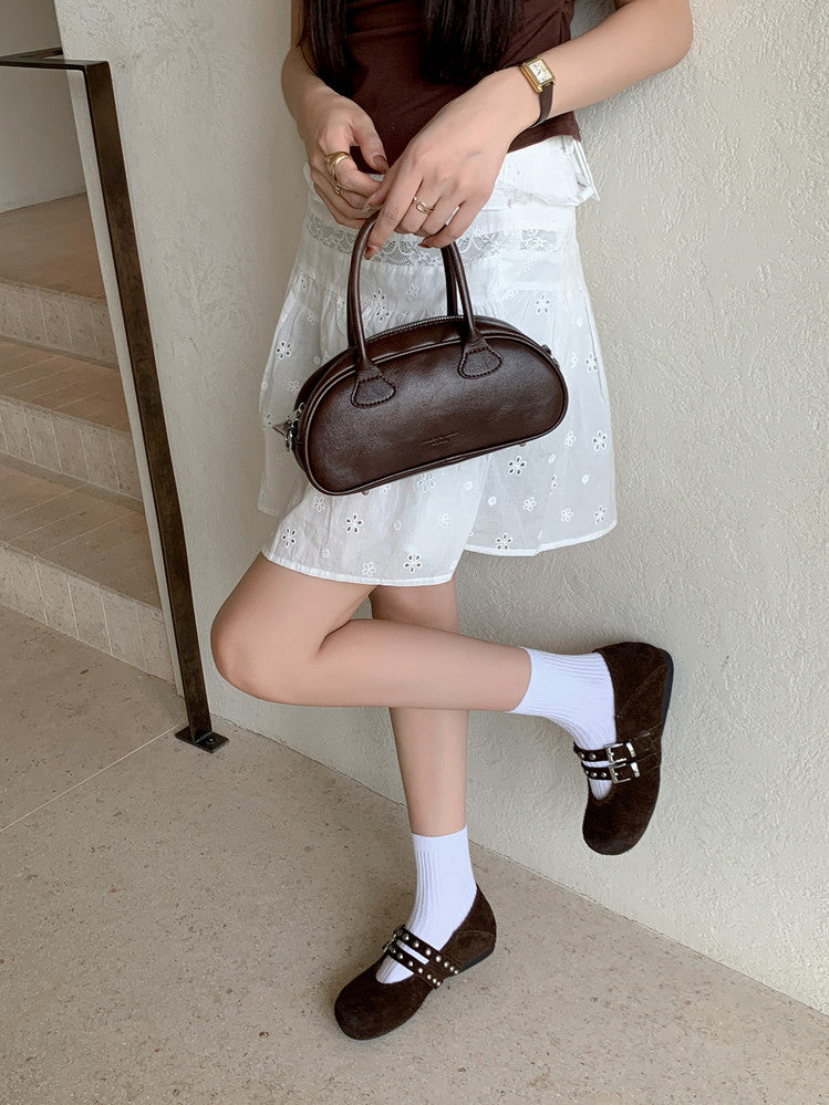 Karin Luna Hot Item Hot Item Punk Style One-Strap Round-Toe Suede Leather Height-Increasing Flats