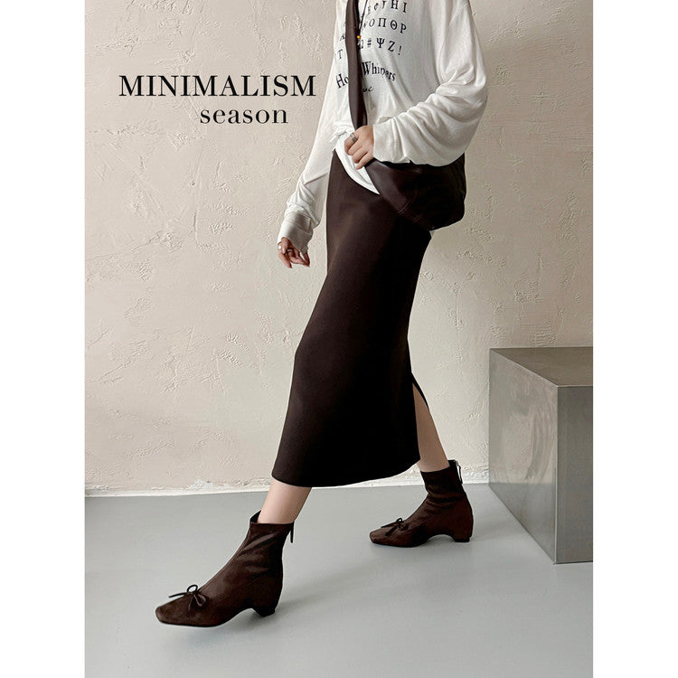 Karin Luna French Style Square Toe Bowknot Hidden Wedge Slim Boots
