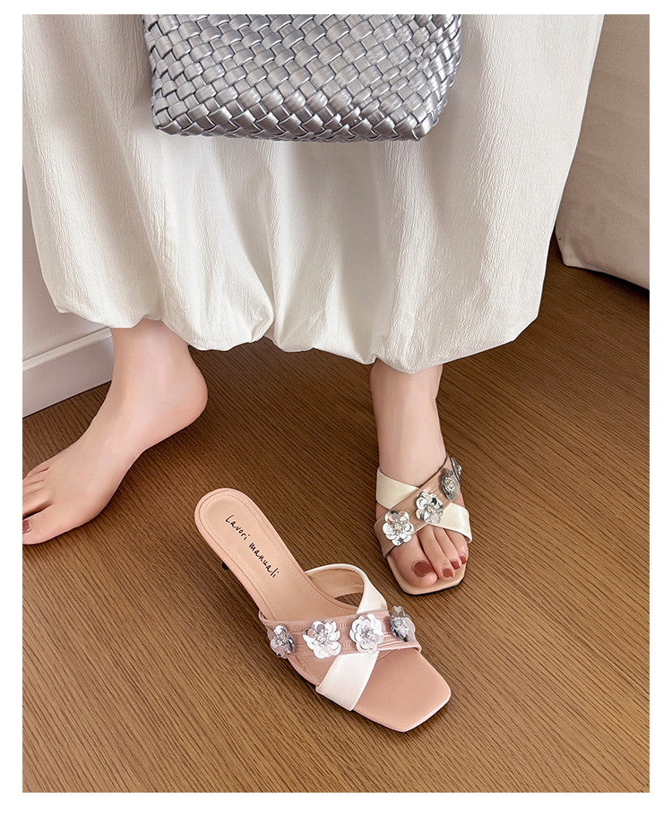 Karin Luna In Stock Spot Goods  Sequin Floral Cross Strap Square Toe Stiletto Slippers