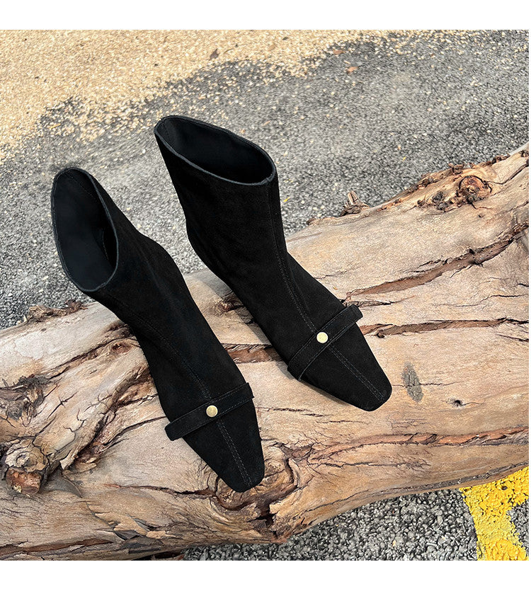 Karin Luna Elegant Style Small Square Toe Belt Buckle Thin Heel Short Boots