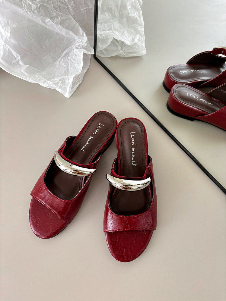 Karin Luna In Stock Spot Goods  Metal Buckle Round Toe Strap Slippers