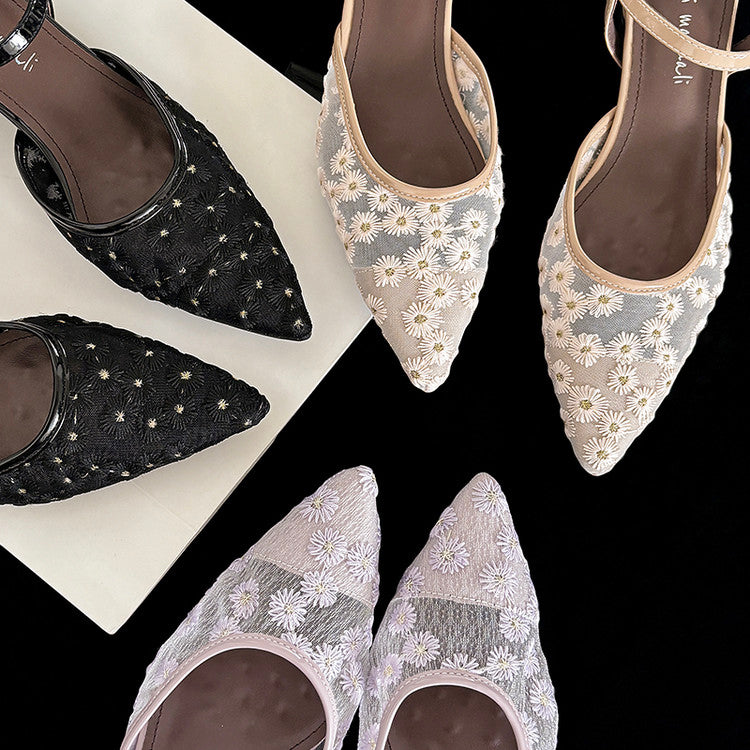 Karin Luna In Stock Spot Goods Embroidered Daisy Sheepskin Mesh Elegant Closed-Toe Slippers