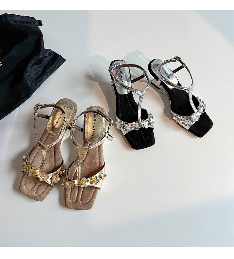 Karin Luna Hot-Selling Sequin Floral Series ~  Square Toe Irregular Heel Square Toe Sandals