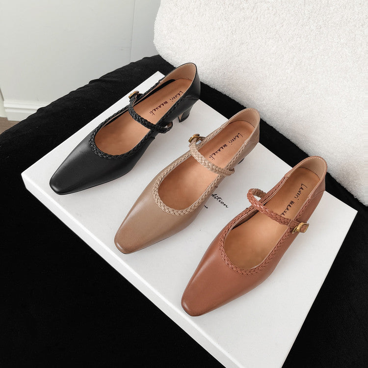 Karin Luna Braided Element Design Chunky Heel Square Toe Single Strap Shoes