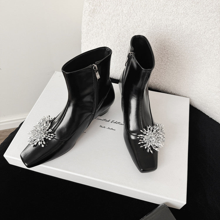 Karin Luna Elegant Style Square Toe Flower Design Height Increasing Short Boots with Two Front and Back Options