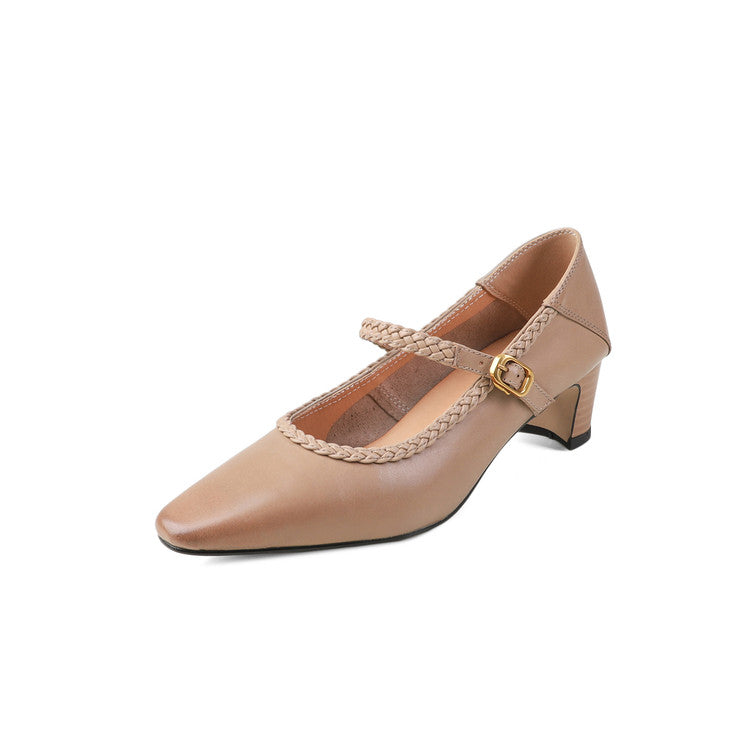 Karin Luna Braided Element Design Chunky Heel Square Toe Single Strap Shoes