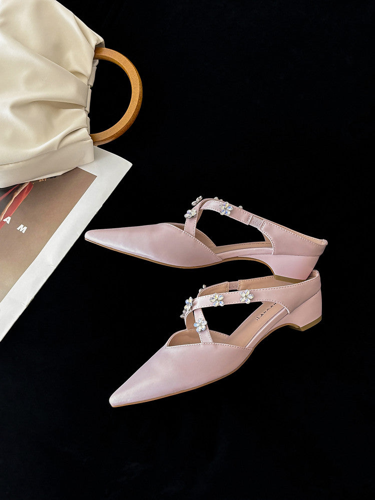 Karin Luna Elegant Pointed Toe Rhinestone Flower High Heel Mules