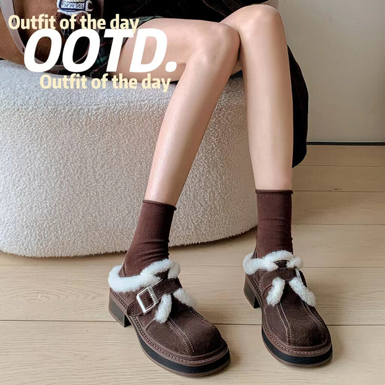 Karin Luna Live Streaming Hot Item  In stock Leather Casual Fleece Lined Version Fluffy Little Leather Shoes Version Vintage Belt Buckle