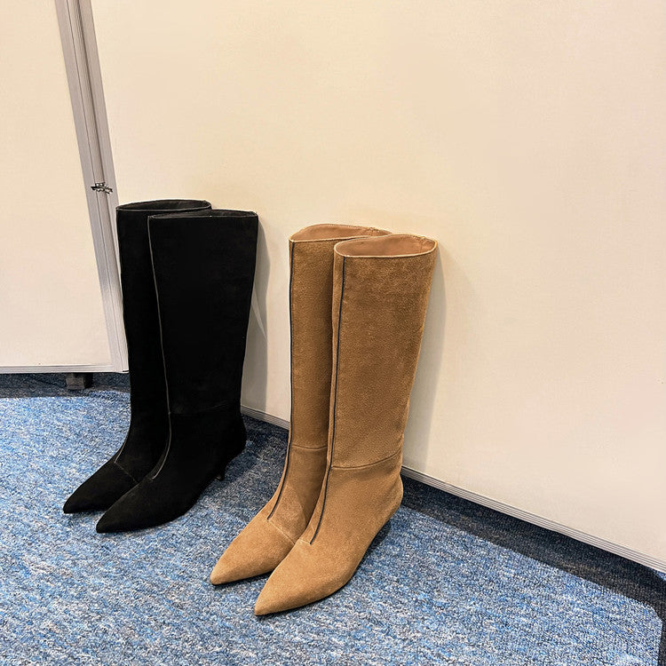 Karin Luna In Stock Spot Goods Retro Cowhide Pointed Toe Stiletto Elegant Long Boots