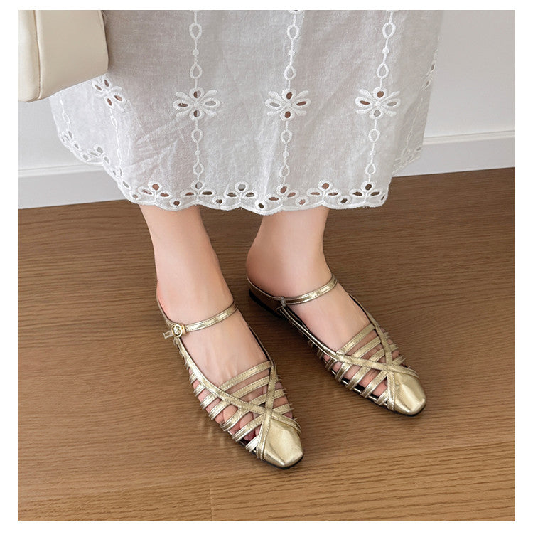 Karin Luna In Stock Spot Goods   French Retro Hollow Small Square Toe One-Strap Slippers