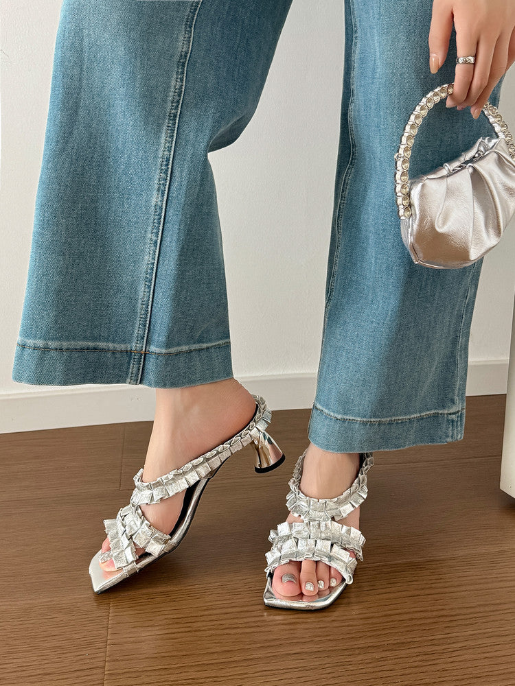 Karin Luna In Stock  Spot Goods  Unique Square-Toe Pleated Lace Sandals