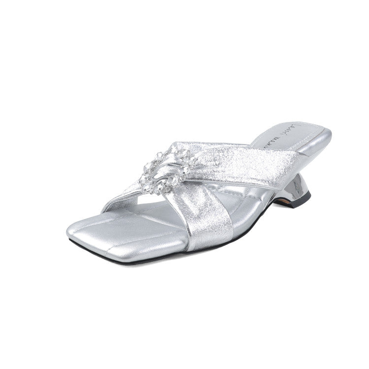 Karin Luna In Stock In Stock Elegant Square-Toe Cross-Strap Rhinestone Square-Toe Slippers