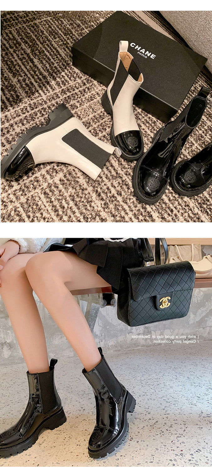 Karin Luna In Stock Spot Goods  Classic Embroidered Camellia Round Toe Thick Sole Chelsea Boots