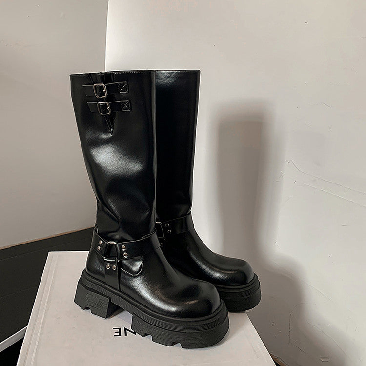 Karin Luna In Stock In Stock  Classic Casual Style Belt Buckle Thick Sole Round Toe Knight Boots Thick Sole