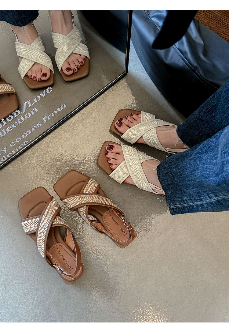 Karin Luna In Stock  Spot Goods Woven Style  Cross-strap Vacation Style Flat Sandals