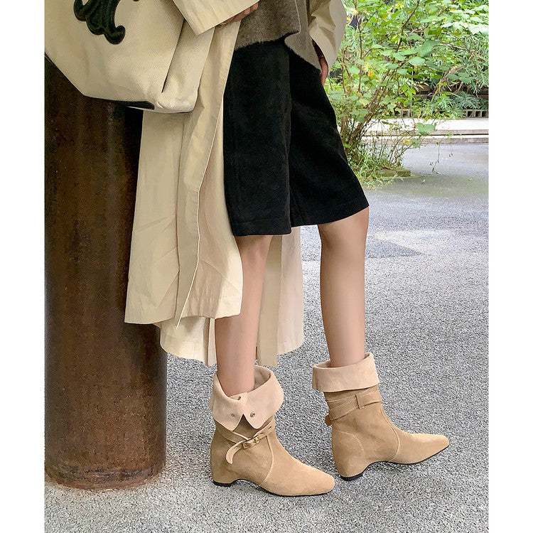 Karin Luna Foldable Belt Buckle Square Toe Hidden Wedge Short Boots