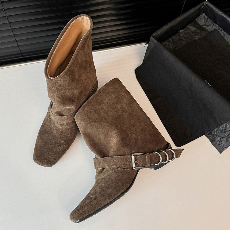 Karin Luna Data Hot Item Square Toe Hidden Wedge Belt Buckle Suede Ankle Boots