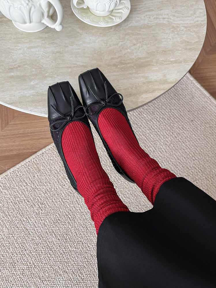 Karin Luna In Stock In Stock  Wrinkled Square Toe Patchwork Breathable Mesh Bow Granny Shoes