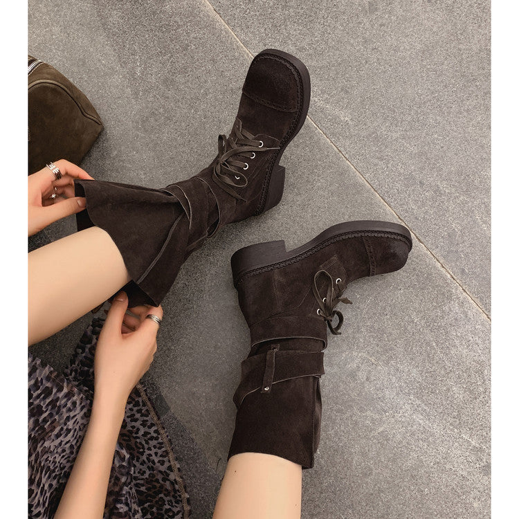Karin Luna Bestseller Hot-Selling Large Tube Leather Belt Buckle Round Toe Thick-Soled Short Boots