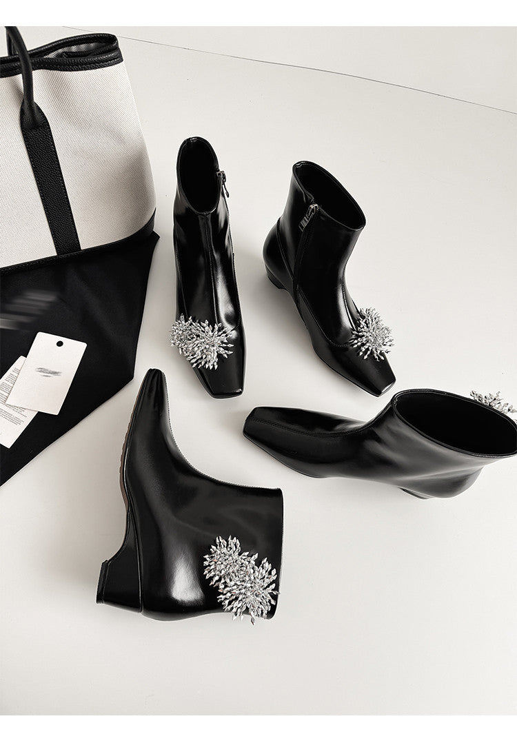 Karin Luna Elegant Style Square Toe Flower Design Height Increasing Short Boots with Two Front and Back Options