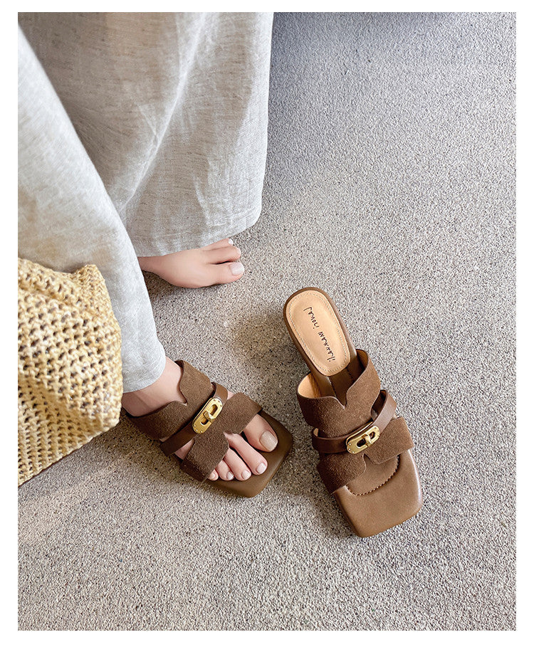 Karin Luna Comfortable Gold Buckle Square Toe Chunky Heel Casual Style Slippers
